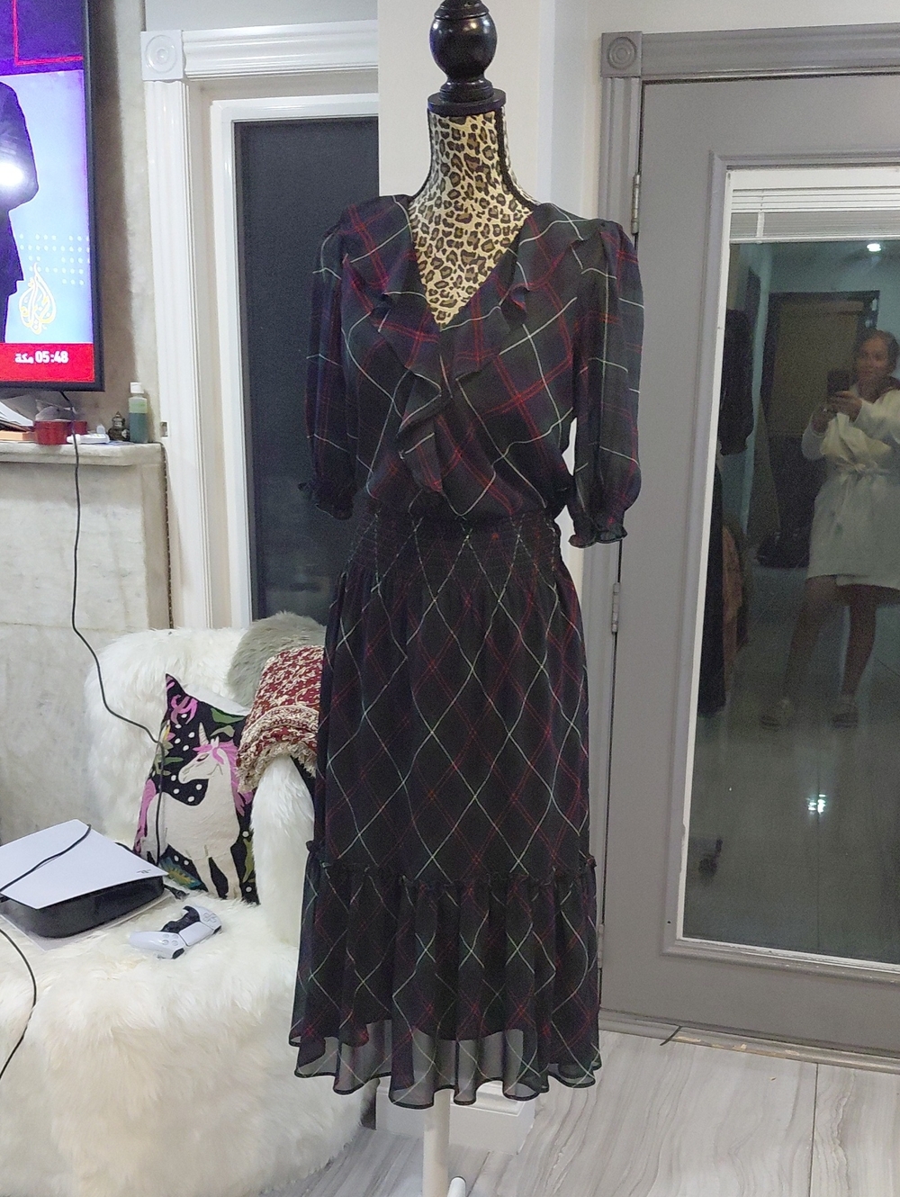 Lauren  Ralph Lauren Black Plaid Maxi Dress with Ruffle V-Neck